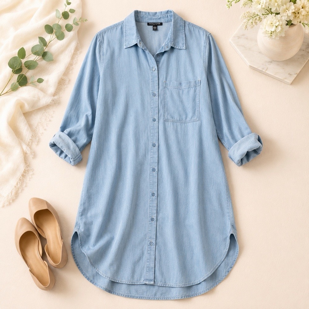 Eileen Fisher Womens Petite Medium Chambray Shirt Dress Blue Button Front PM